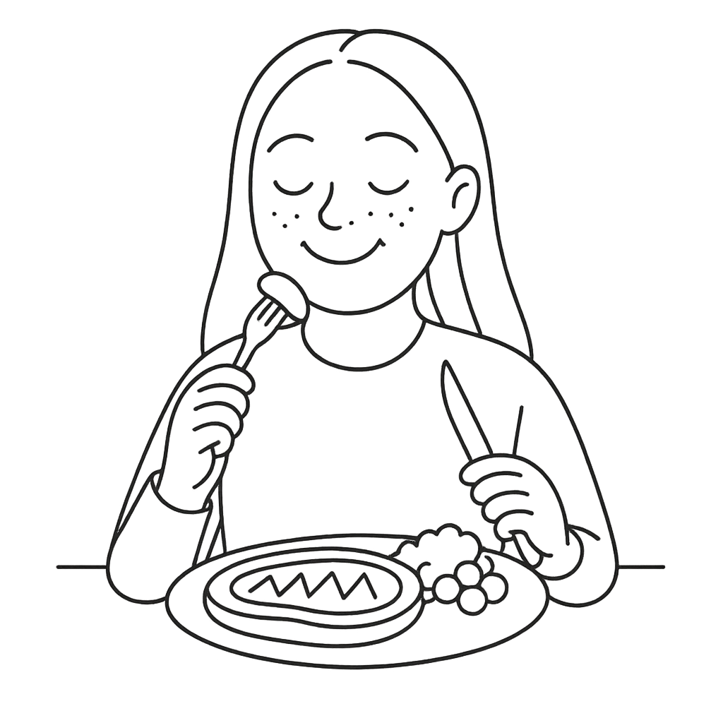 ステーキを食べている女性／AMUBELLE／アンベル