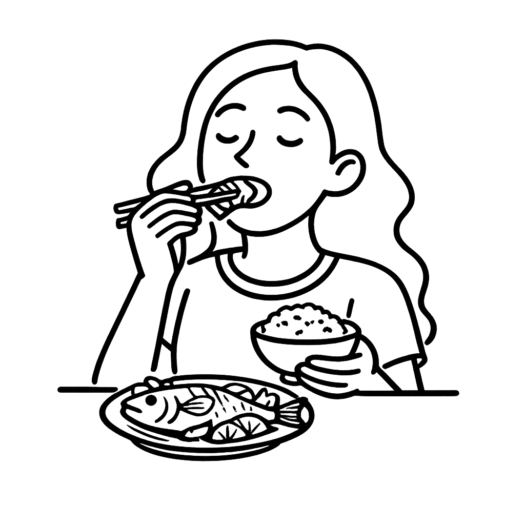 魚料理を食べている女性／AMUBELLE／アンベル